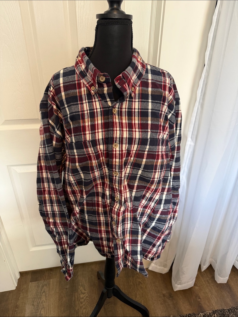Men's Plaid Button-Down Shirt in Red, Navy & White